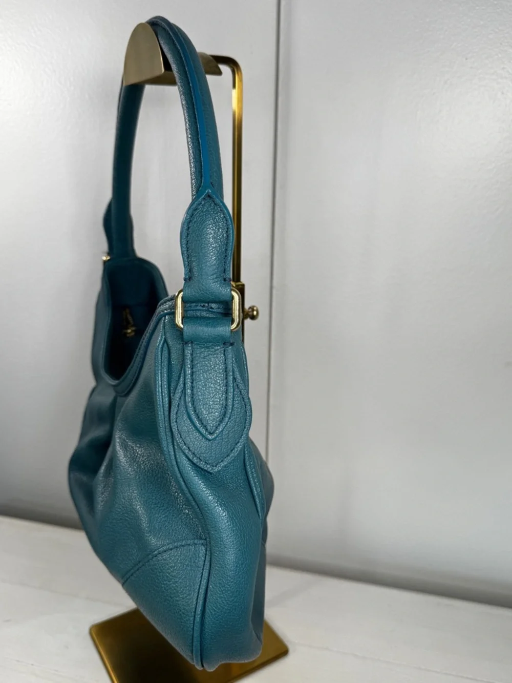 Burberry Pebbled Leather Shoulder Bag Teal Gold Hardware Quiet Luxury Hobo - Picture 3 of 14
